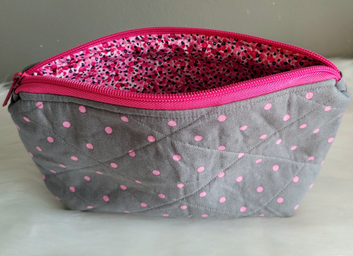 Grey with Pink Polka Dots Medium Zipper Pouch